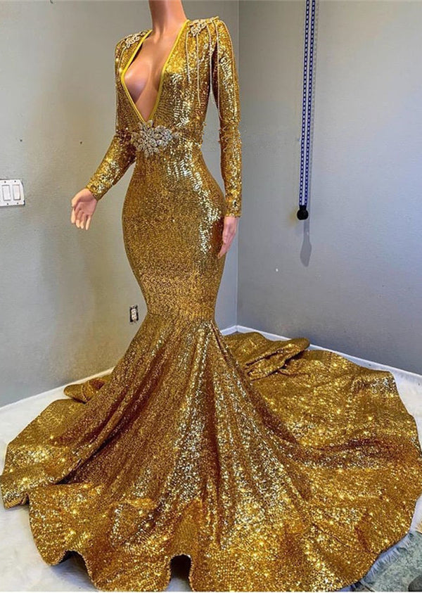 Mermaid Prom Dress with Applique Gold Long Sleeves V-Neck