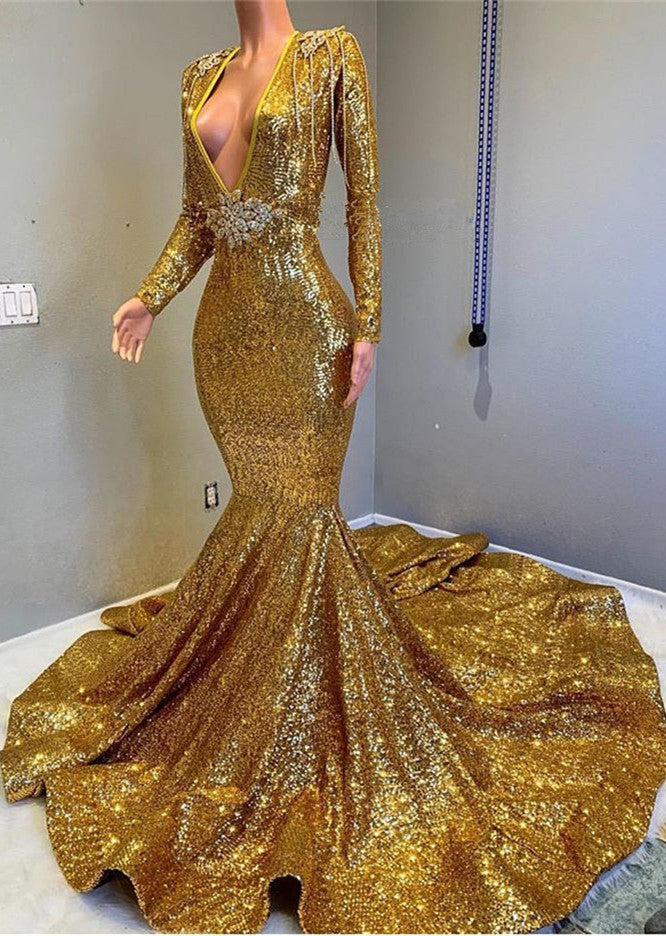 Mermaid Prom Dress with Applique Gold Long Sleeves V-Neck