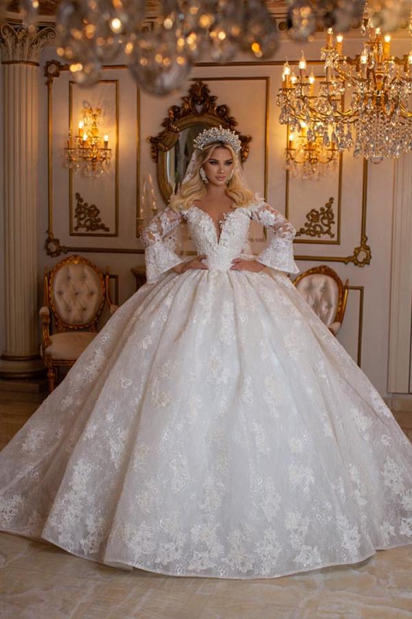 Bmbride Elegant V-Neck Long Sleeves Sweetheart Floor Length Ball Gown Wedding Dress with Appliques