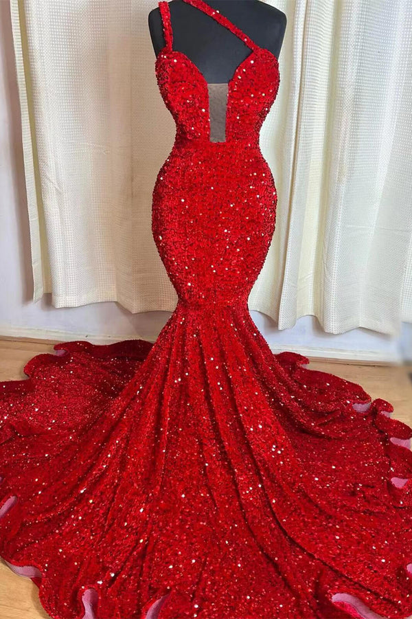 Elegant Red Sequins Mermaid Sleeveless Prom Dress Sweetheart