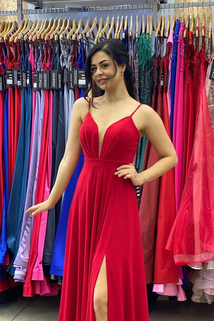 Long Red Prom Dress with Spaghetti Straps and Slit