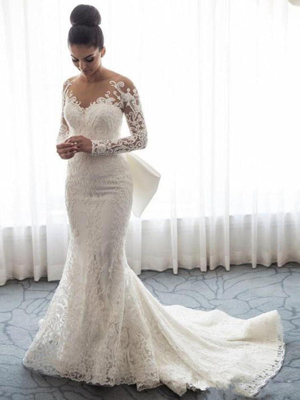 Bmbride Lace Mermaid Wedding Dresses with Long Sleeves