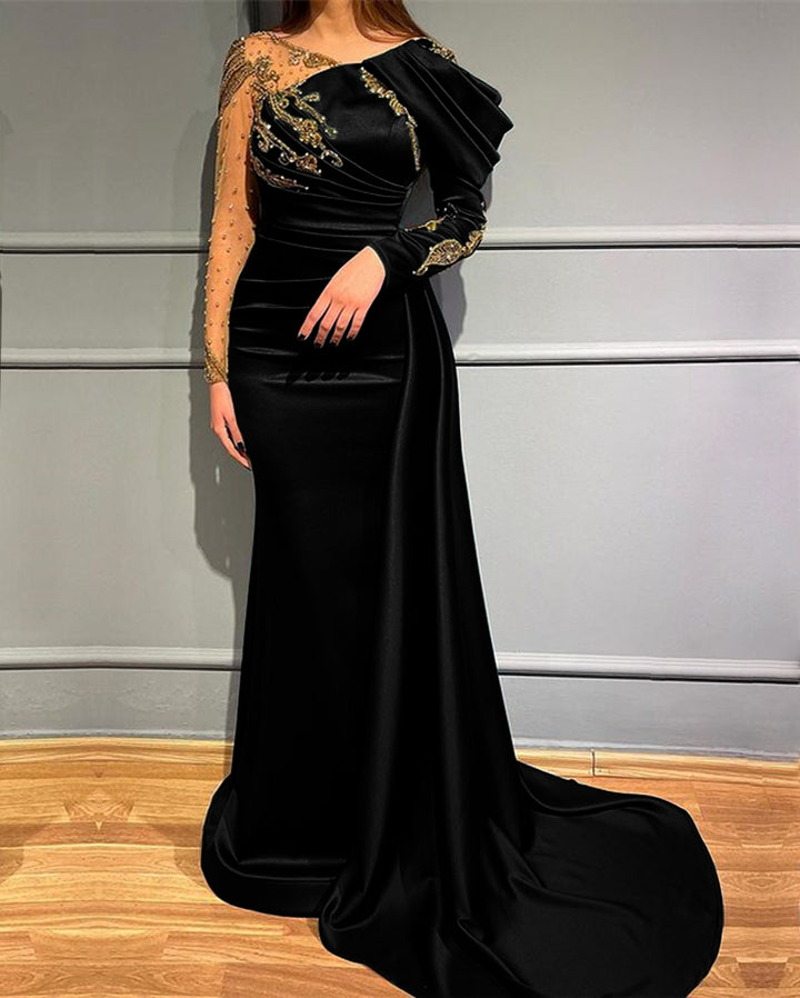 Mermaid Evening Dress: Dark Green Long Sleeves Beads Appliques