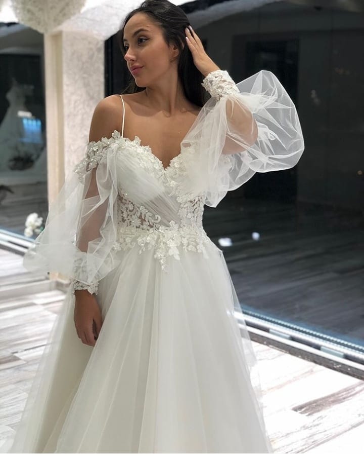 Bmbride Off-the-Shoulder Sweetheart A-Line Dress with Long Sleeves Spaghetti Straps Appliques Lace and Tulle