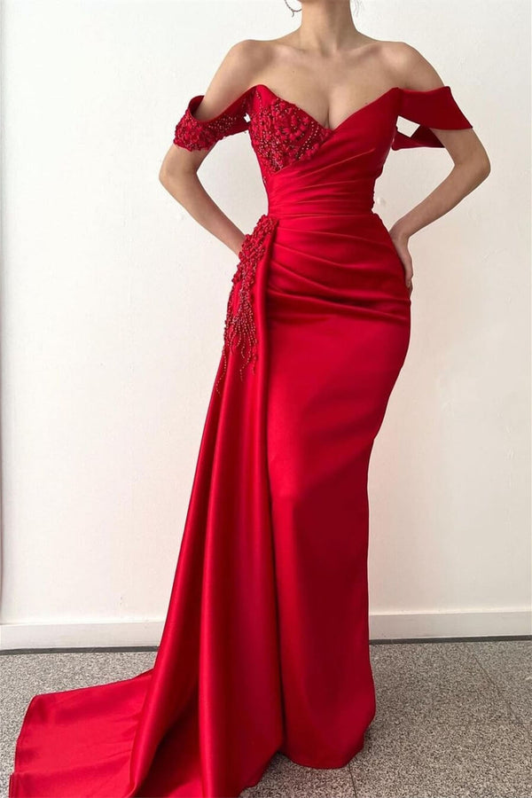 Red Mermaid Beadings V-Neck Off-The-Shoulder Prom Dress with Ruffles Long