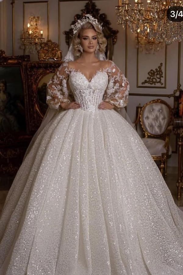 Bmbride Luxury Long Ball Gown Glitter Wedding Dress with Puffy Sleeves