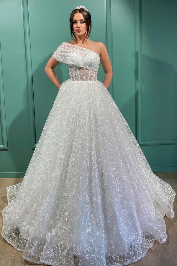 Bmbride Princess One Shoulder Glitter Wedding Dress
