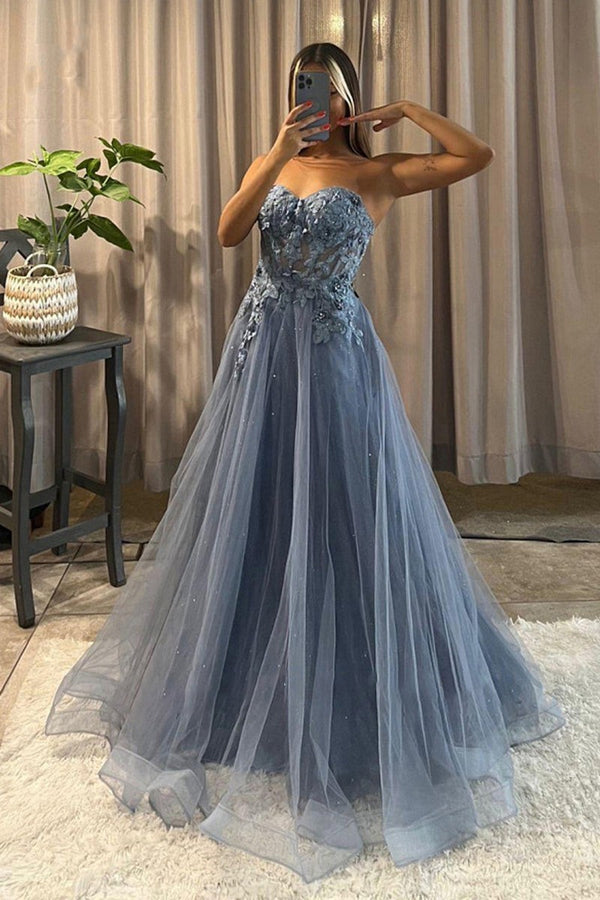 A Line Sweetheart Appliques Tulle Beadings Long Prom Dress
