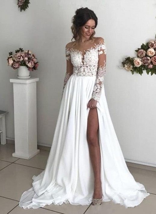 Bmbride A-line Chiffon Lace Long Sleeves Wedding Dress with Slit