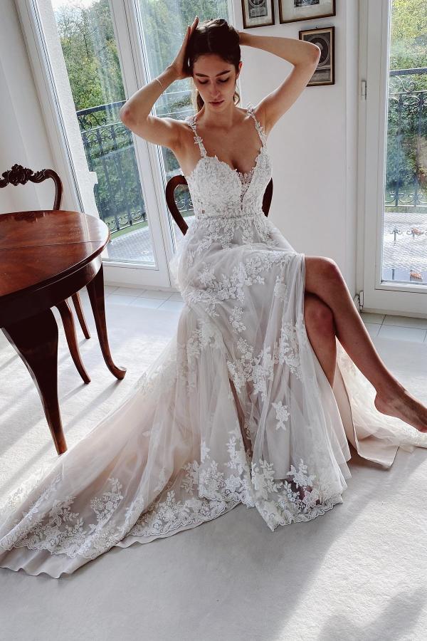 Bmbride Long A-line Sweetheart Tulle Lace Wedding Dress with Slit