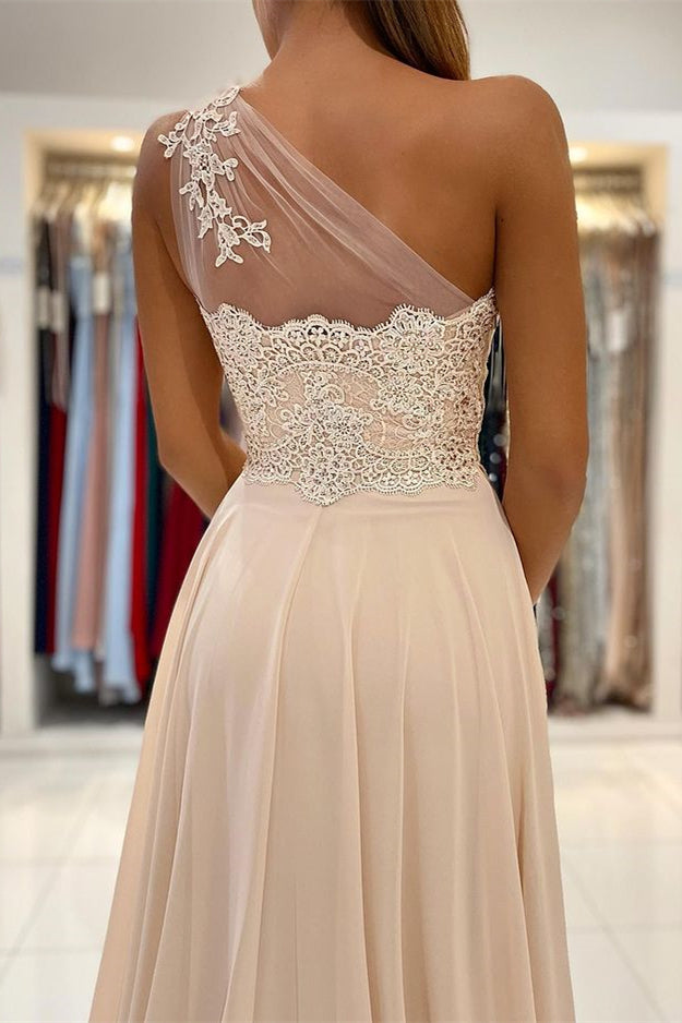 One-Shoulder Prom Dress with Lace Appliques and Slit