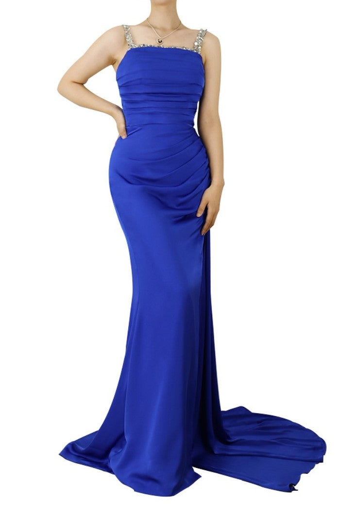 Royal Blue Sweetheart Long Prom Dress With Slit Sleeveless Pleated