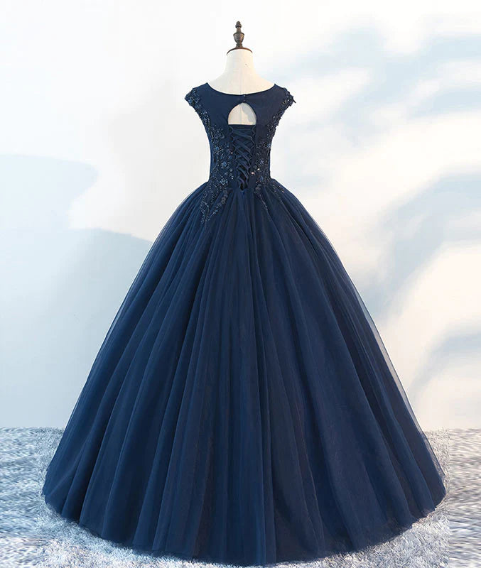 Sleeveless Prom Dress Navy Blue A-Line Lace Printed Evening Dress