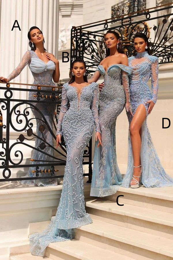 Blue Off-the-Shoulder Prom Dress with Sequins and Split Beadings Appliqué