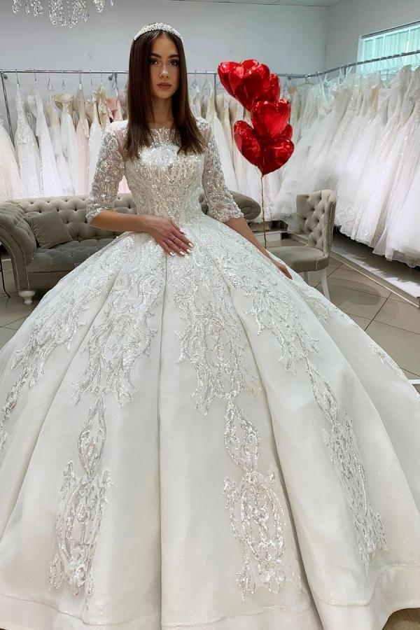 Bmbride Princess Wedding Dress: Elegant Bateau Neckline Long Sleeves Lace Appliques Floor-length Satin