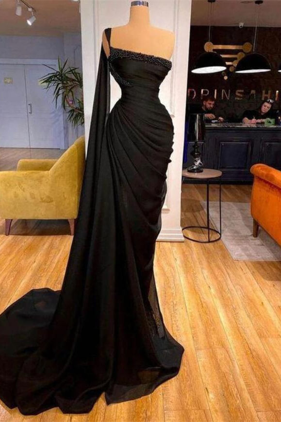 Black One Shoulder Mermaid Prom Dress With Beads