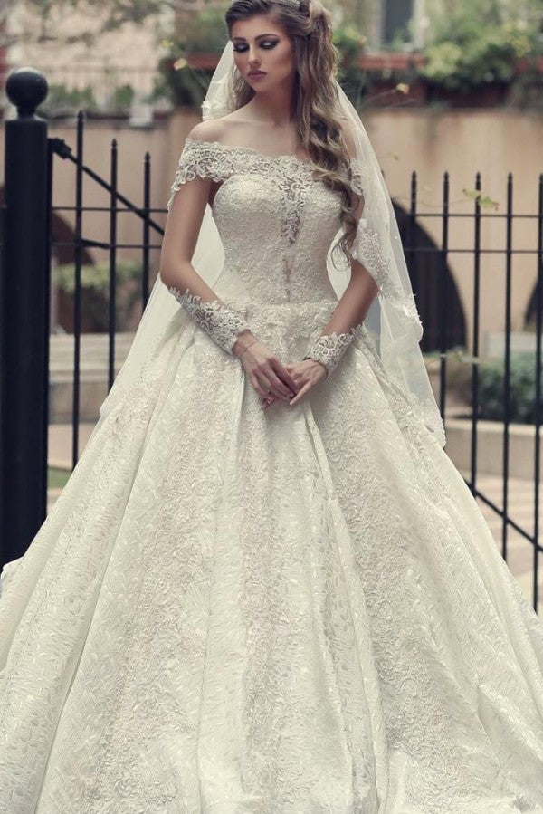 Bmbride Off-the-Shoulder Long Sleeve Lace Wedding Dress