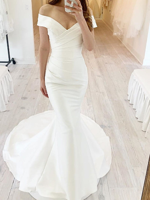 Bmbride Off Shoulder Mermaid Trumpet Wedding Dress with Sweep/Brush Train in Chiffon Over Satin and Short Sleeves