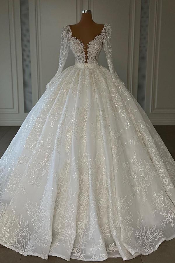 Bmbride Luxurious Long Ball Gown Sweetheart Lace Wedding Dress with Sleeves