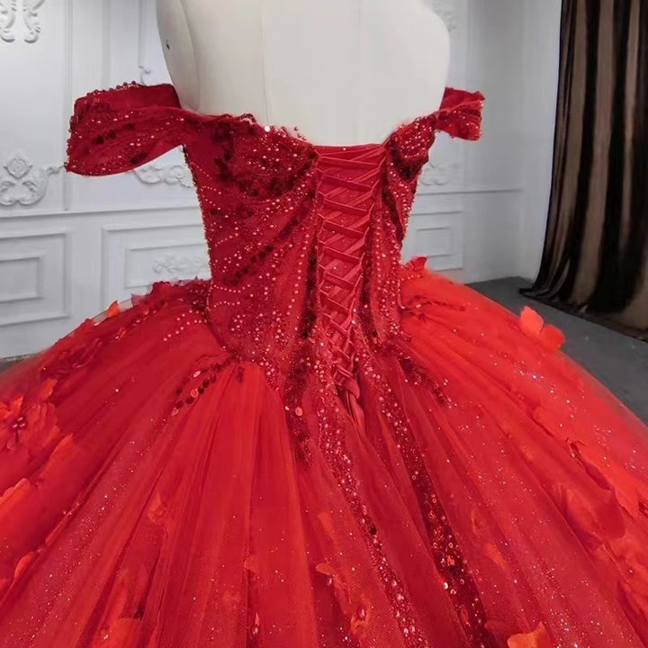 Bmbride Red Long Ball Gown Off Shoulder Tulle Lace Prom Dress