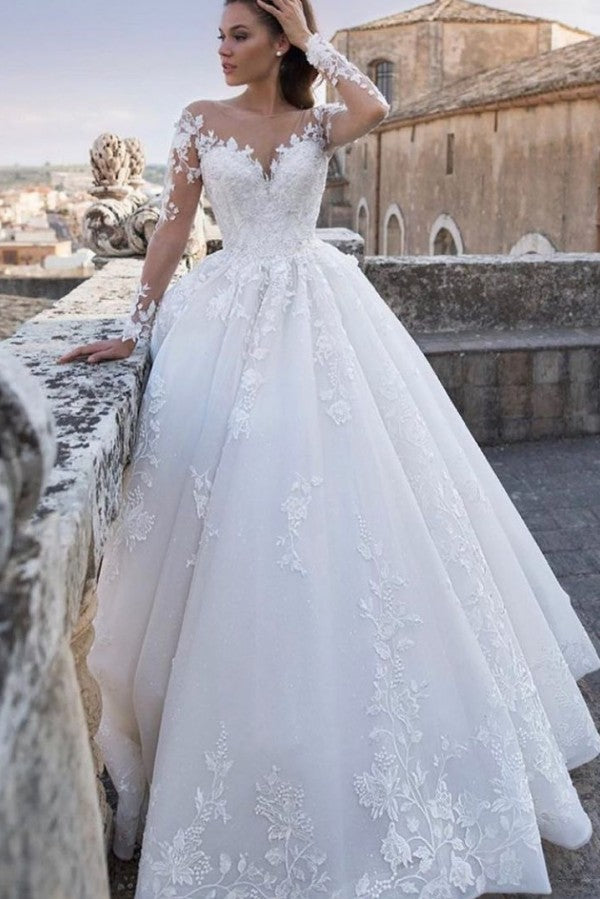 Bmbride Elegant Long Sleeve Princess Sweetheart Floral Lace Applique Wedding Gown