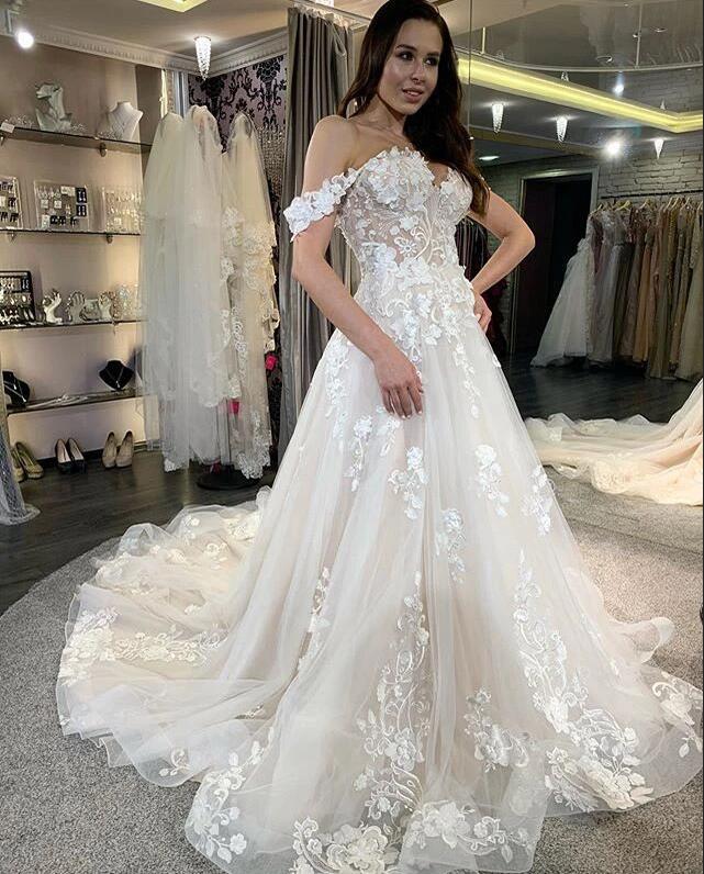 Bmbride Long A-line Tulle Off-the-Shoulder Lace Appliques Wedding Dress