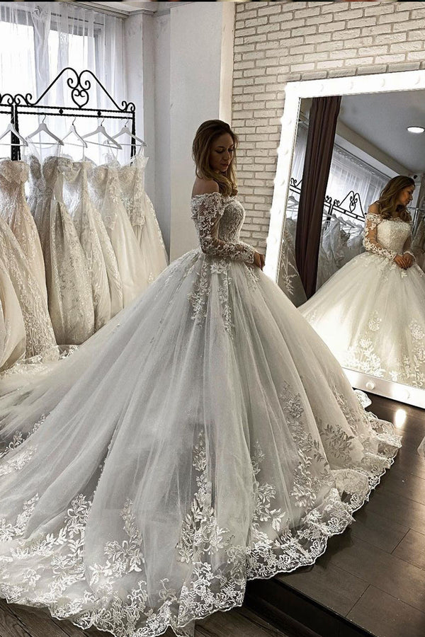 Bmbride Off The Shoulder Long Sleeve Illusion Ball Gown Wedding Dress