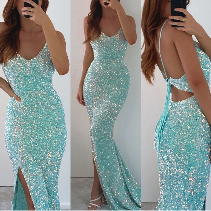 Sequined Spaghetti-Straps V-Neck Long Mermaid Prom Dress with Split