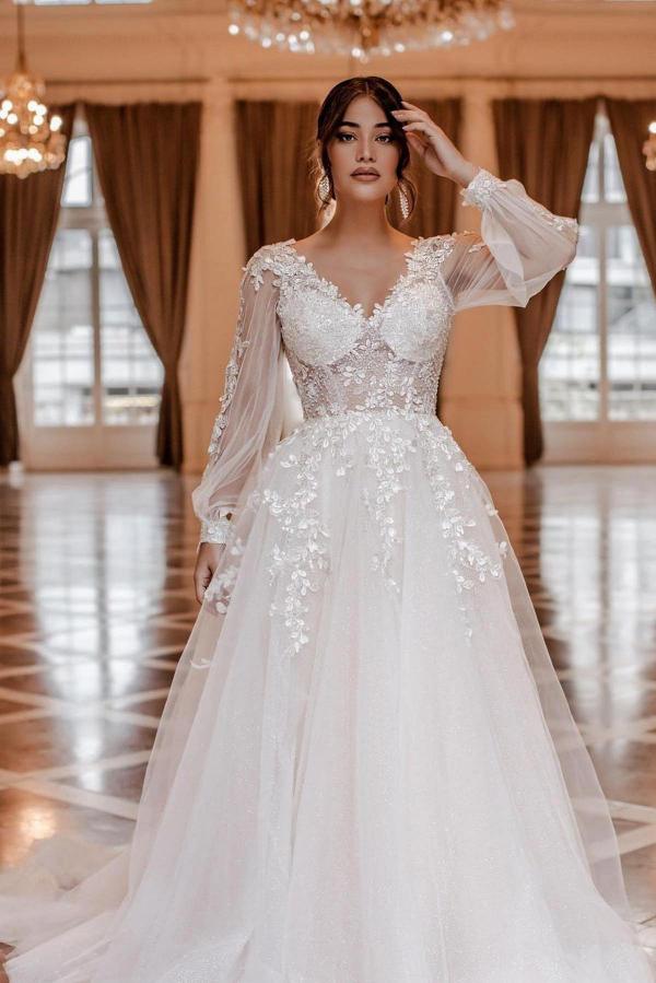 Bmbride V-neck Long Sleeves A-Line Chapel Train Wedding Dress with Appliques