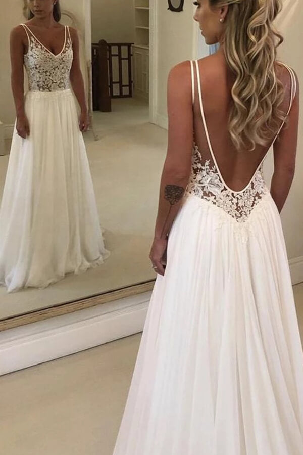 Bmbride Lace Chiffon Wedding Dress with Open Back V-neck