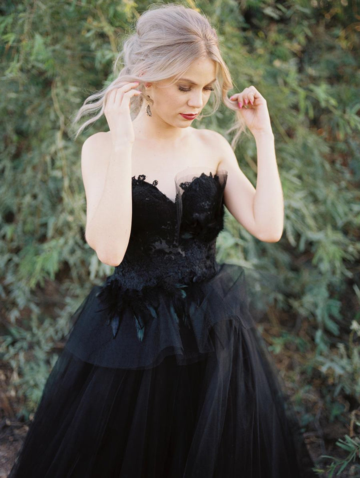 Bmbride Long Black Tulle Wedding Dress with Lace