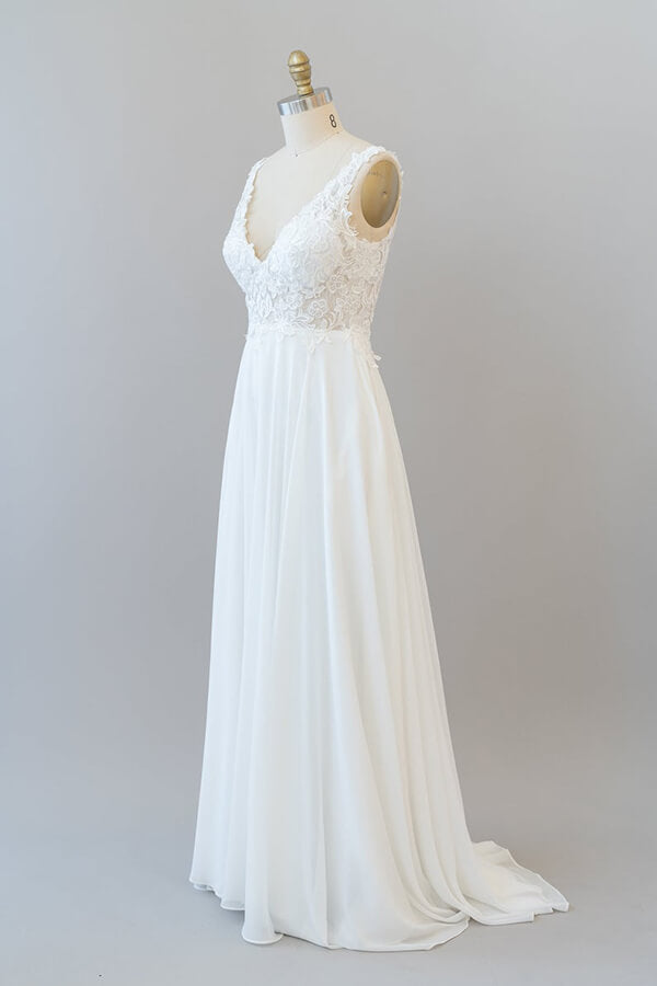 Bmbride Chiffon A-line Wedding Dress with V-neck Appliques