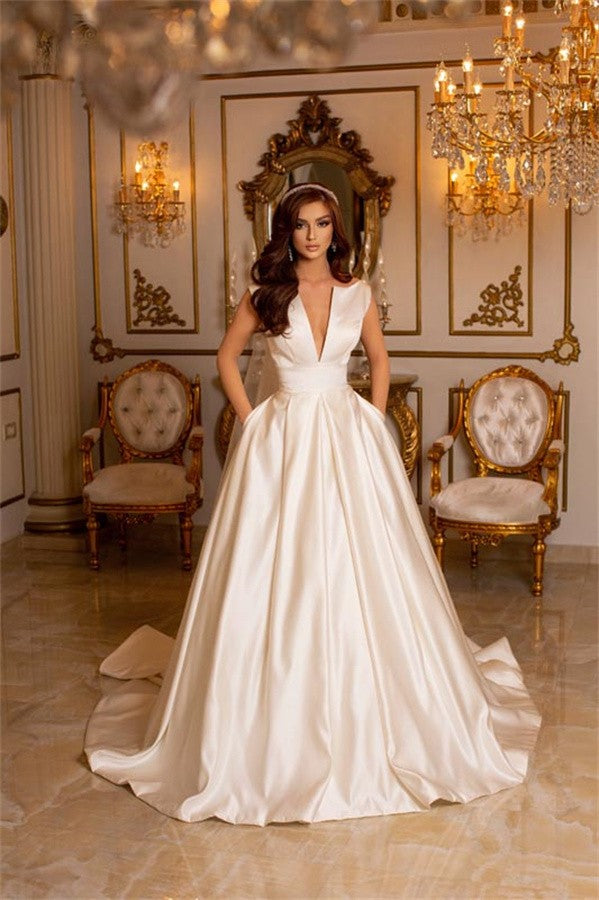 Bmbride Ivory Long A-line V-neck Satin Wedding Dress with Pockets