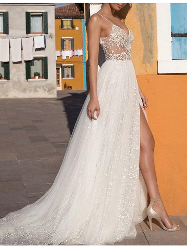 Bmbride Casual Boho Plus Size A-Line Wedding Dresses with V Neck Sleeveless Floor Length Tulle