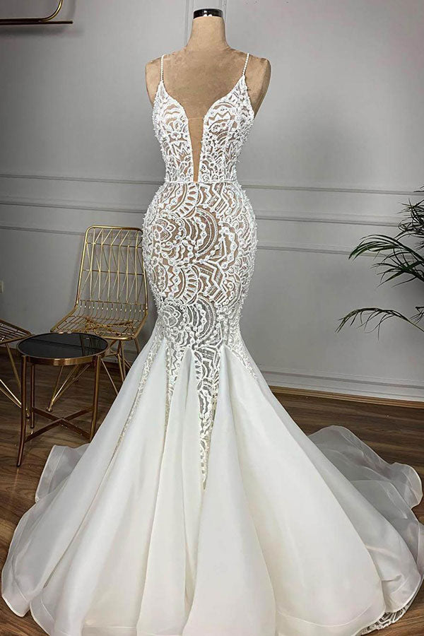 Bmbride Beaded Lace Organza Mermaid Wedding Dress