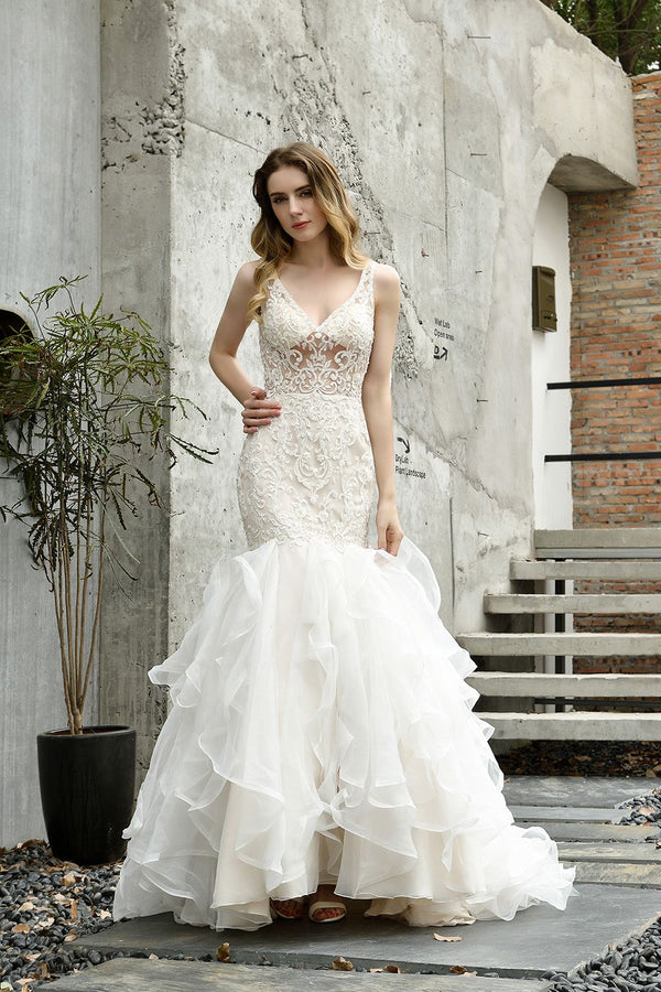 Bmbride V-neck Appliques Mermaid Wedding Dress