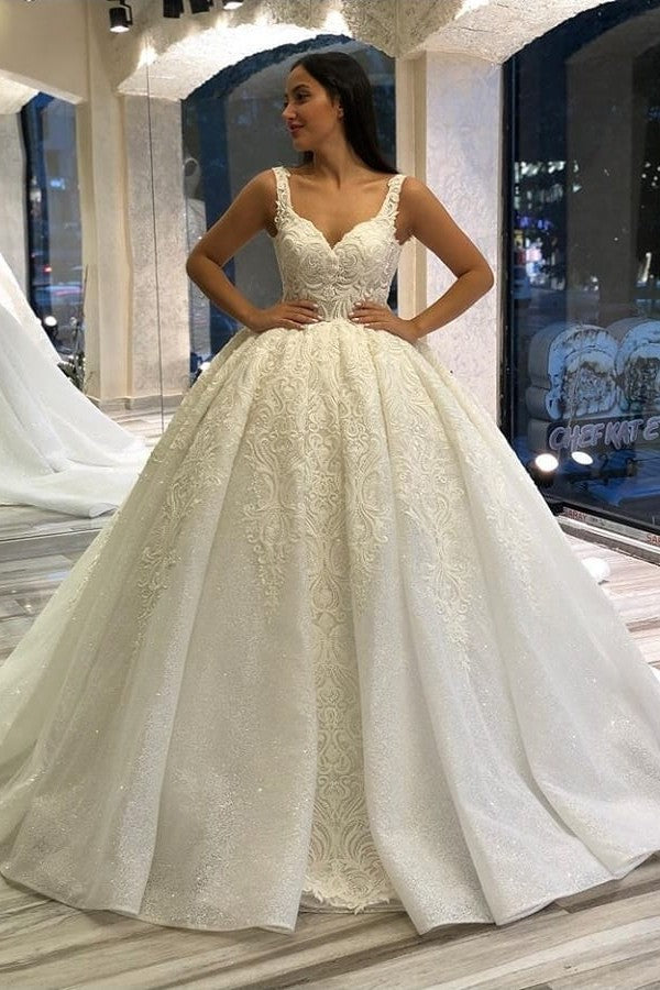 Bmbride Elegant Sweetheart Spaghetti Straps Backless Appliques Lace Sequins Ball Gown Wedding Dress