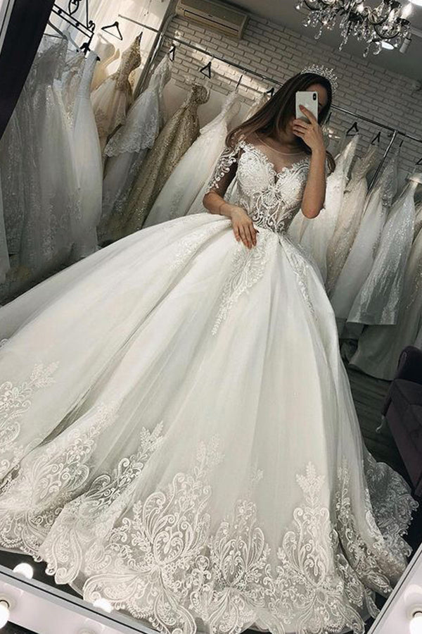 Bmbride Short Sleeve Appliques Sheer Tulle Ball Gown Wedding Dress