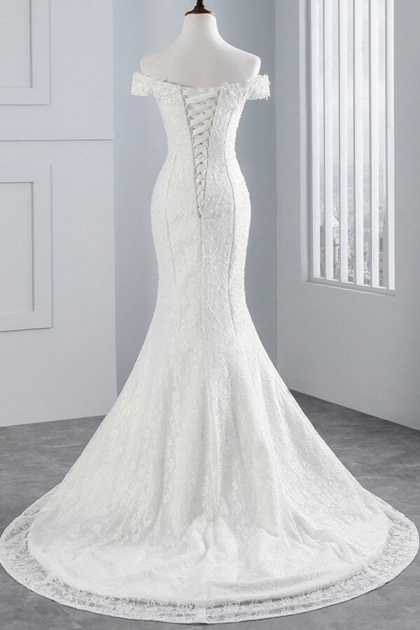 Bmbride Off Shoulder Lace-up Mermaid Lace Wedding Dress