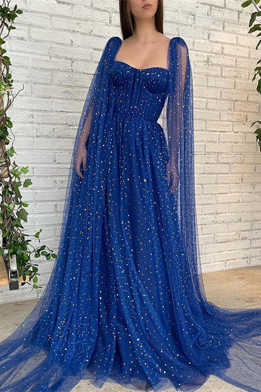 Royal Blue Ruffles Long Evening Dress with Beads and Tulle