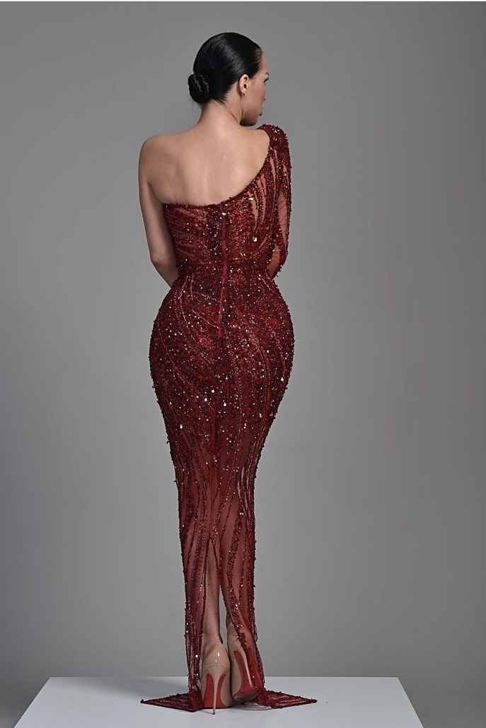 Burgundy Evening Dress One Shoulder Sequins Heavy Mermaid