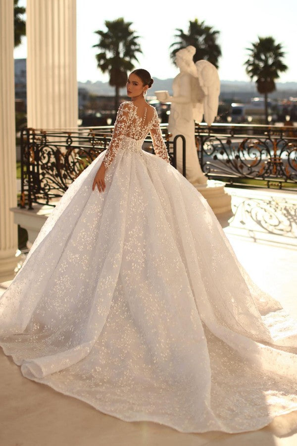 Bmbride Ball Gown Sweetheart Tulle Lace Appliques Wedding Dress with Sleeves