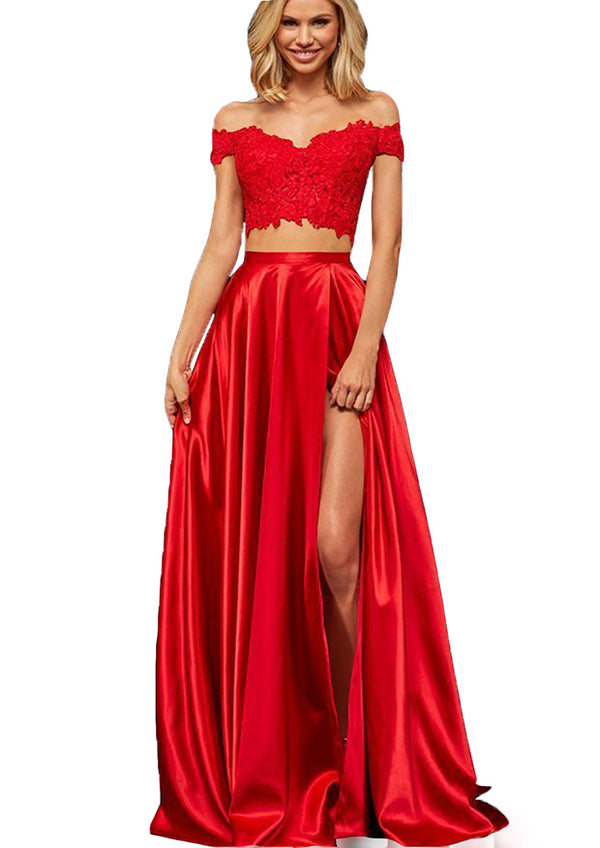 Off-the-Shoulder Two-Piece Prom Dress with Slit Appliques