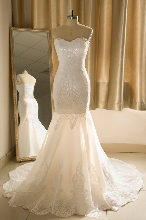 Bmbride Sparkling White Mermaid Wedding Dress with Sweetheart Neckline