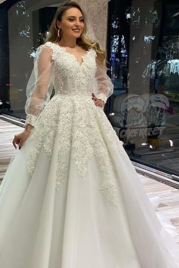 Bmbride A-Line V-neck Wedding Dress with Appliques Lace Tulle and Puffy Long Sleeves