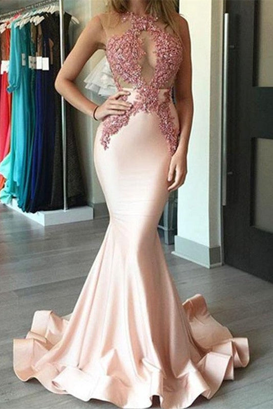 Pink Mermaid Evening Dress Featuring Lace Appliques