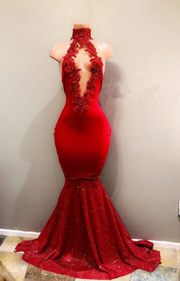 High Collar Red Sequins Mermaid Prom Dress