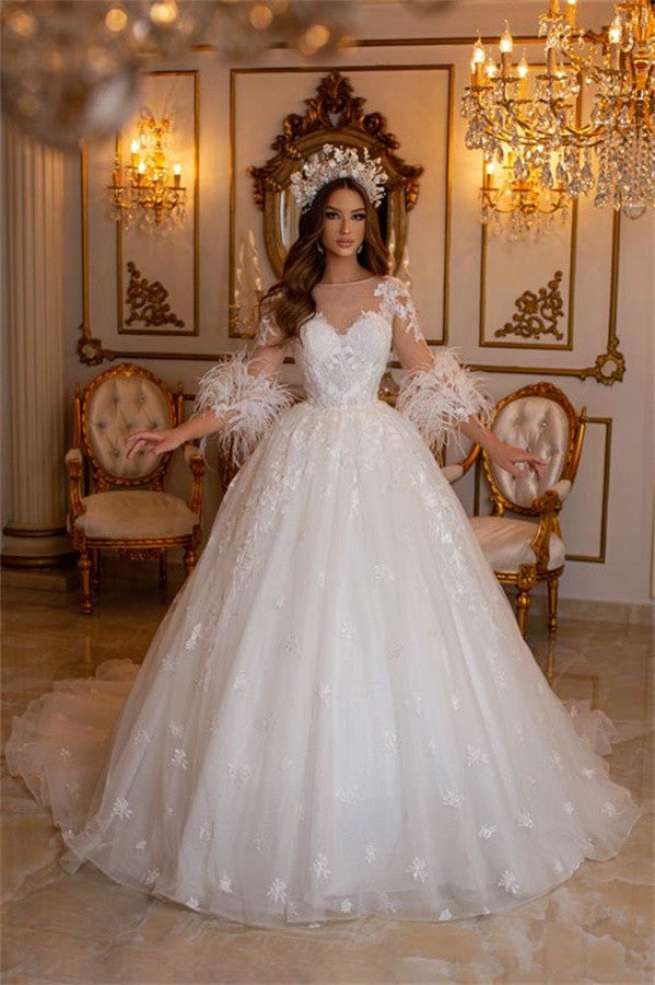 Bmbride Long A-line Sweetheart Tulle Appliques Lace Wedding Dress with Sleeves