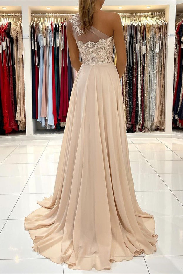 One-Shoulder Prom Dress with Lace Appliques and Slit