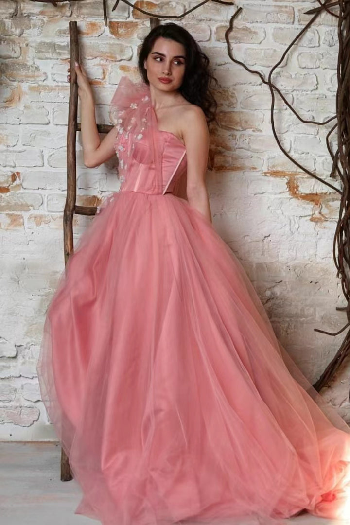 One Shoulder Sleeveless Tulle Prom Dress With Appliques